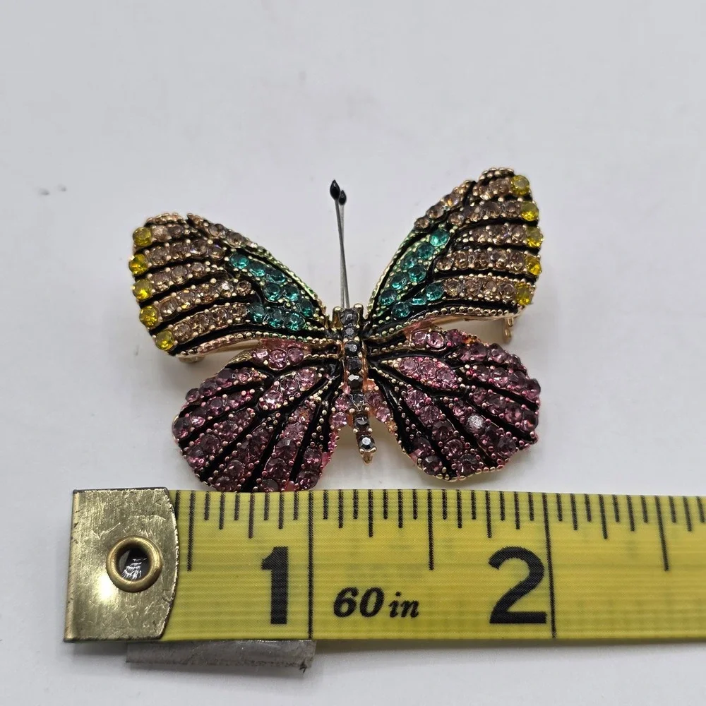 Multicolor Rhinestone Butterfly Brooch Gold Tone Crystal Insect Pin 2 Inch